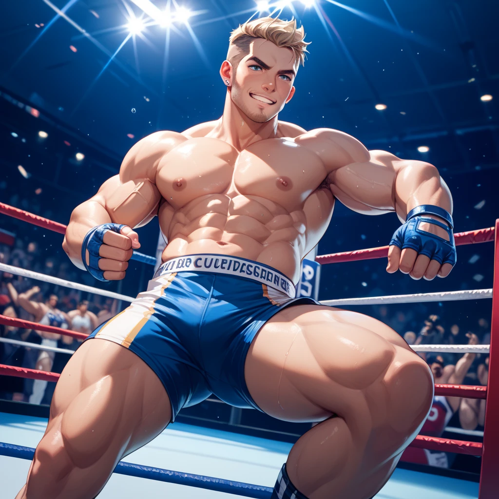 1man, heavy weight muscular, black wrestling bikini, solo, topless, blonde, fighting stance, hollywood action, masculine handsome guy, tsurime, sanpaku, blue eyes, spiked hair, nipples, abs, male high ratio body proportions, dramatic expression, dutch angle, on wrestling ring, thick waist, stocky waist, slighty chubby, muscular plump, 1990s, cinematic shadows, cinematic lighting, lens flare, light leaks, VHS Quality