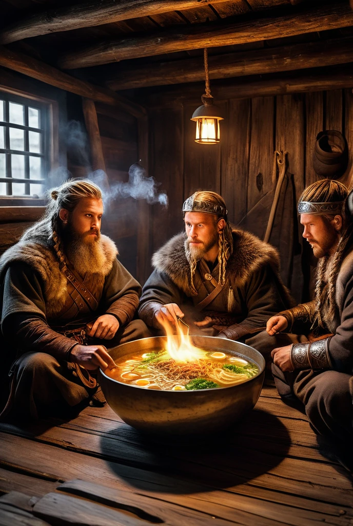 Inside a Viking longhouse, rugged Viking warriors with braided hair and fur cloaks sit around a steaming bowl of instant ramen, wooden walls, firelight, detailed textures, historical setting, surprised expressions, humorous tone, ultra-realistic.