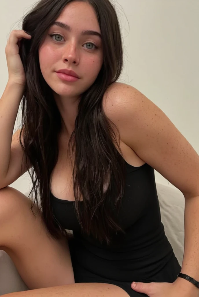 Ultrarealistic, pale skin, black hair, laying down on bed, in bedroom