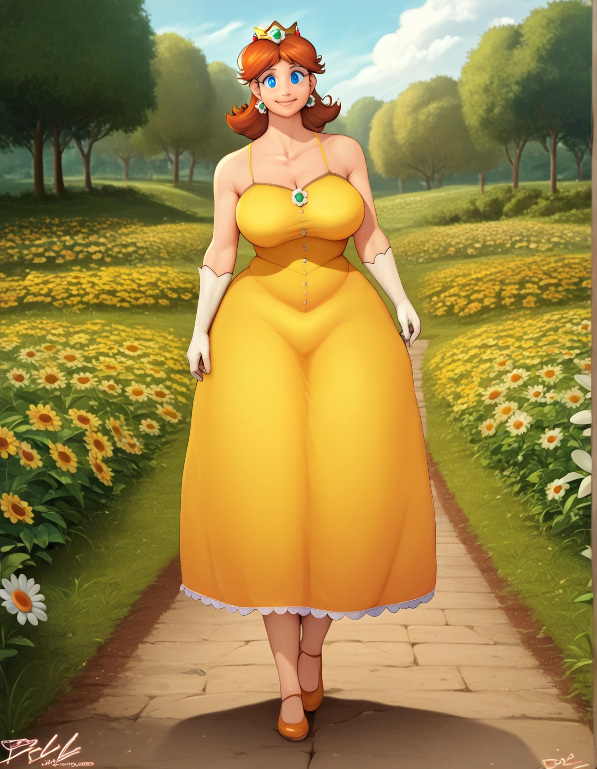 masterpiece、Highest quality、One woman、Anime Women、Fujieda Yoshino、solo、Brown Hair、Short Hair、Blue eyes、Big Breasts、cleavage、collarbone、A woman with very large breasts、yellow sundress、Toned body、garden、Tall Woman、Cowboy Shot、View your viewers、Female focus、smile
