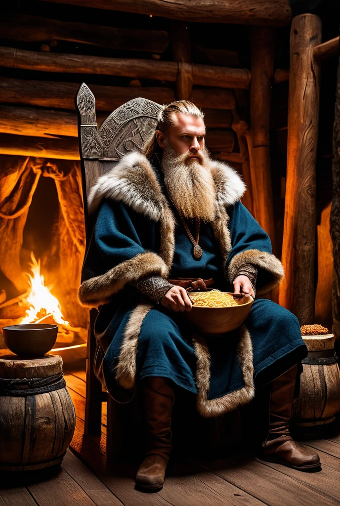 Inside a Viking longhouse, rugged Viking warriors with braided hair and fur cloaks sit around a steaming bowl of instant ramen, wooden walls, firelight, detailed textures, historical setting, surprised expressions, humorous tone, ultra-realistic.