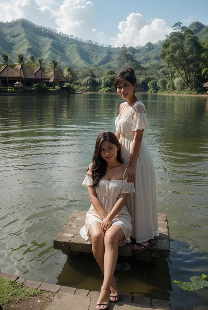Two 35-year-old natural black-haired beauties from Indonesia with different postures, wearing white wide-cloth hats, purple lolita dresses and brown sandals, sitting on bamboo benches on the terrace of a wooden hut on the edge of a rice field with views of rivers with rushing blue water, cliffs and waterfalls, and tall trees, surrounded by some flowers. Their hair was tossed by the breeze, smiling a little shyly at the camera. The images are very detailed and sharp, high resolution, 16:9, 20k aspect ratio.