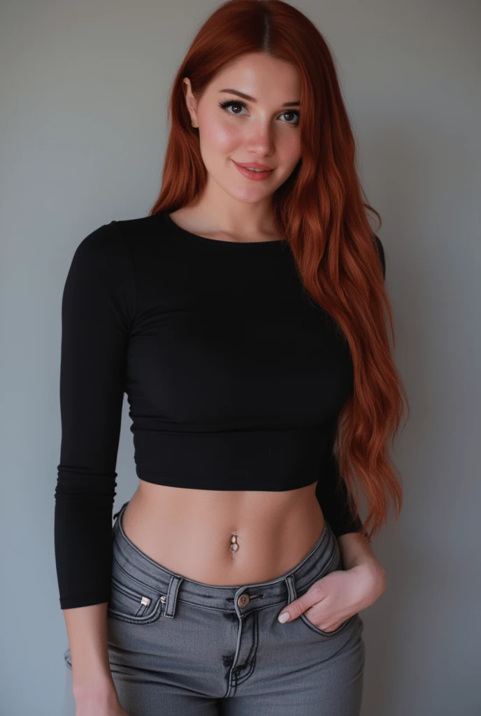 Janet Devlin wearing very tight long sleeve shirt with low neckline and ripped shorts and smiling