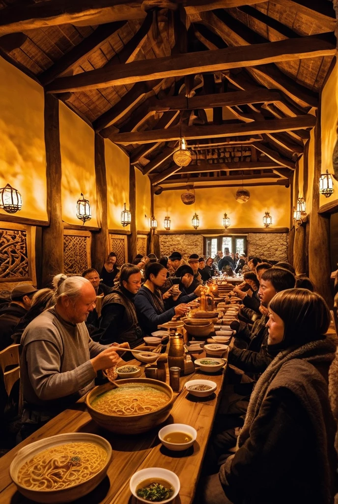 Inside a Viking longhouse, rugged Viking warriors with braided hair and fur cloaks sit around a steaming bowl of instant ramen, wooden walls, firelight, detailed textures, historical setting, surprised expressions, humorous tone, ultra-realistic.