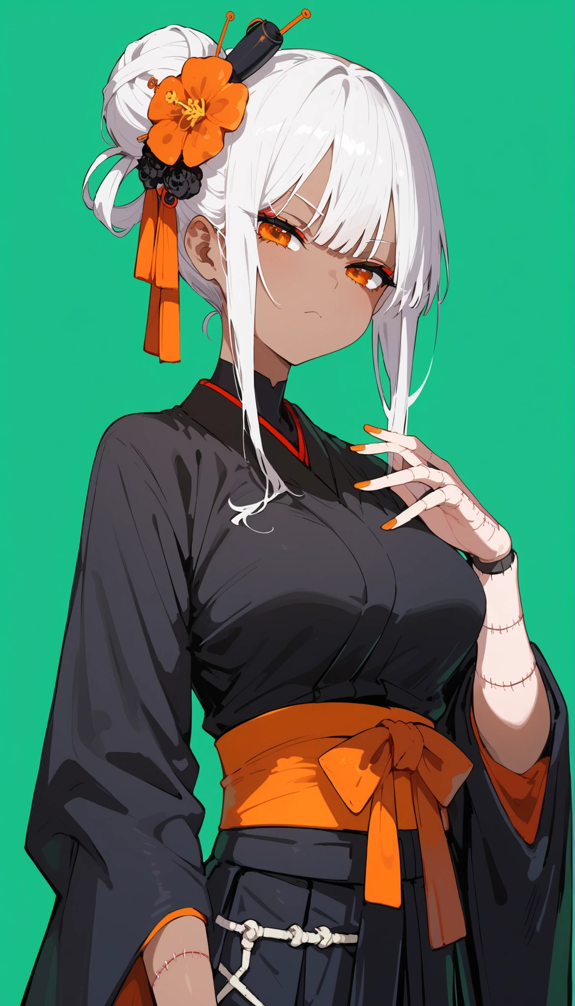 girl,white hair,Dark skin,In the orange eyes,kimono with an orange color,black shirt,hakama black,,slim,Slim waist,,Stitches,Kimono flower,green background,Hair bun,serious face,Stitches,Stitchesใบหน้า,Milf,หน้ามีStitches,