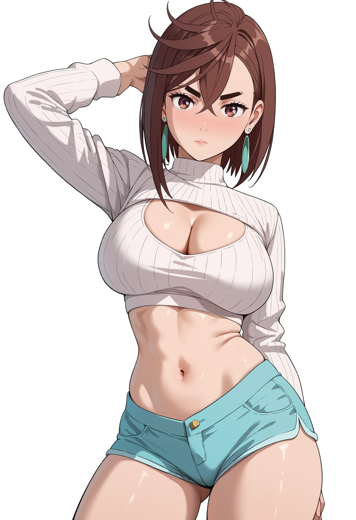 momo ayase, short hair, brown hair, brown eyes, bangs, thick eyebrows, large breasts,best quality,, CLEAVAGE, alone, earrings, nose blush, solo, cowboy shot, nice legs, wearing a tight ribbed black long-sleeve crop top that stretches over her large bust, tightness, short black athletic shorts with white trim and drawstring, very slim waist,, pronounced hip curves, thick thighs with soft skin texture, elegant yet sensual posture with one arm raised behind head,, glossy lighting accentuating smooth skin and fabric texture, ultra-detailed anime style, masterpiece, 8k, high resolution, white background, empty background, posing, standing, COWBOY SHOT