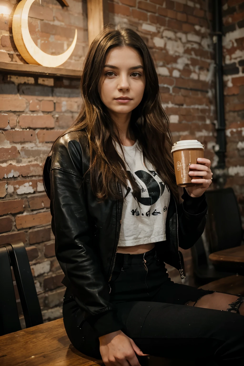 message:The photo shows an Asian girl sitting on a wooden chair. The girl was wearing a black leather jacket, white t-shirt, blue jeans that were slightly ripped at the knees, and white sports shoes. She is holding a white coffee cup with white smoke on top of the cup and on a small wooden table beside her there is a coffee cup and smoke on top of the cup, and other bread. This girl is wearing a baseball cap with the logo "NY". The background is a dark wooden wall with three lit hanging lamps, and thick lite blue smoke is visible in the area, the photo looks very hd