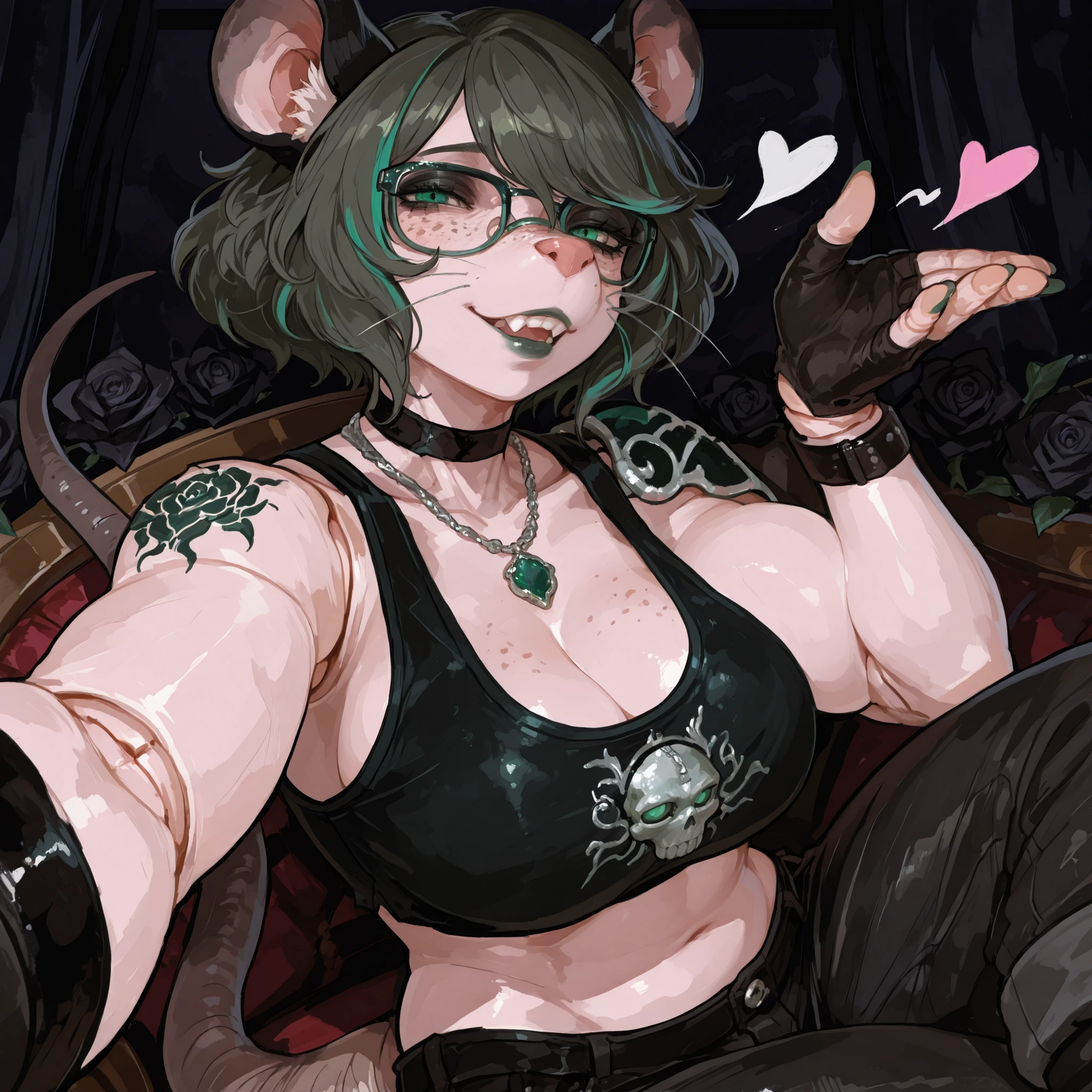 (Tall Mature Voluptuous Female furry rat), (black big curly afro with green highlights), (Green streaks in hair), (green eyes), (glowing iris), (black choker), (black leather bracelets), (Black Rose Tattoo on right shoulder), (Silver necklace with a green jade skull trinket), (fingernails), (green nail polish), (Long curvy fit legs), (freckles on face), (freckles on shoulder), (Dark Grey lipstick), (rat ears), (black ears, pink inside), (chipped right ear), (rat buck teeth), (white sclera), (rat nose), (rat tail), (anatomically correct rat whiskers), (goth makeup), (plump kissable cupid lips), (half open tired eyes), (glasses),(Flat chested), 8k quality, highly detailed, Persona Art Style, perfect detailed face, Fit upper body, Fit muscular arms, detailed muscles, Tomboy muscle build, detailed eyes, perfect detailed hands, accurate detailed doll joints, detailed thigh doll joints, detailed doll joints, detailed doll neck joint, detailed lips, 80's comics, femboy, cute, 80'sアニメーション、score_9, score_8_up, score_7_up, (One) elegant, Cheeky pose, Focus on face, Top half photo, goth Mesh Crop top with cleavage window, Goth cargo pants, fingerless gloves, Close up view, Close up view on face, Portrait oil Painting style, realistic painting style, cute rat-like facial features, anthropomorphic, anthropomorphic face, sultry Expression, sharp rat claws, fierce eyes, sitting, legs crossed, full furry anthro, mature feminine body type, cream colored fur on body, Rat buck teeth, black smoky background, fur covered skin, black rat ears pink inside, Plush thick thighs, Extremely Enormous Large Breasts, Perfect cleavage, (accurately 36QQ Breasts Size), (36QQ cup size shaped like anime character Meiko Shiraki's), (Mieko Shiraki's Breasts), (rat buck teeth), (rat teeth), showing off breasts, puffing chest out, Taking selfie, blowing kiss at viewer, crop top stretching from breast size, winking at viewer,