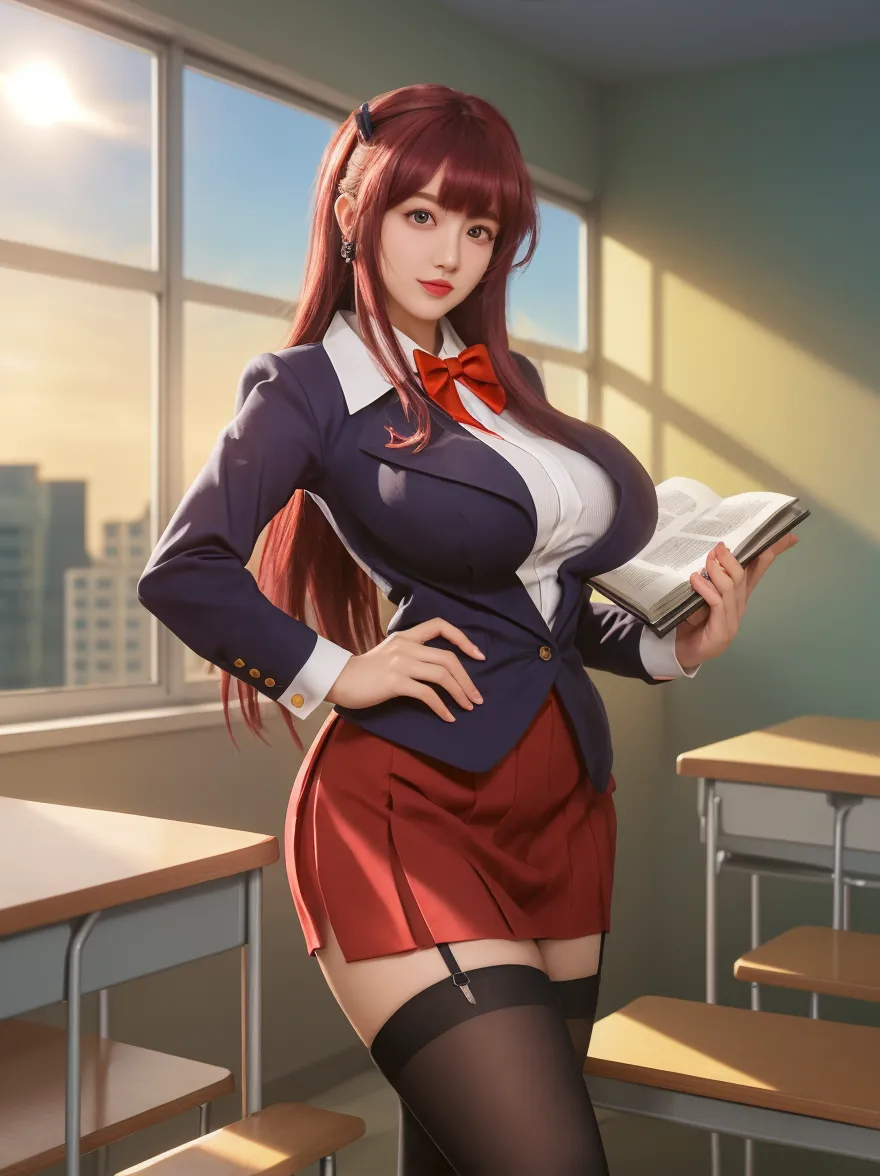 honoka dead or alive , steam , rain , plaid skirt , pleated skirt , Tight shirt , white Shirt , school girl , ( ( breasts, thick thighs, wide hips) , red bow , red knot , (masterpiece, best quality:1.2), solo, 1girl, honoka, smile, looking at viewer, hand on hip, one side up, skull hair ornament, , jacket, necktie, single glove, black gloves , white thighhighs 