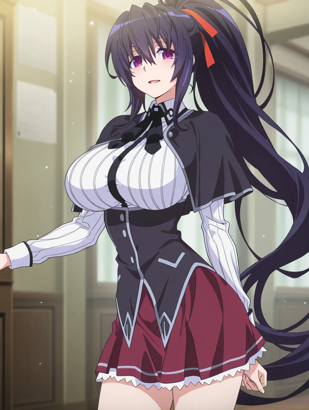 best quality, masterpiece, 1girl, (solo:1.1), raytracing, ultra detailed,detailed face, 8k wallpaper, wide hips, smile, HimejimaAkenoNDV, 1girl, black hair, large breasts, very long hair, purple eyes, red skirt, school uniform, shirt, corset, ponytail, hair ribbon, ribbon, outdoor,