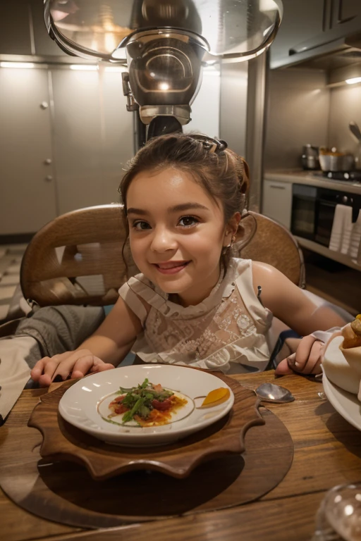 There's a girl who's sitting at a table, cara boba fofa, muito bobo olhando, parecendo surpreso, looking defiantly at the camera, she is smiling and excited, 2 anos, ela tem um rosto expressivo bonito, cara de bobo, bochechas grandes!, muito surpreso, muito animado, ela tem um rosto bonito, Violeta Myers