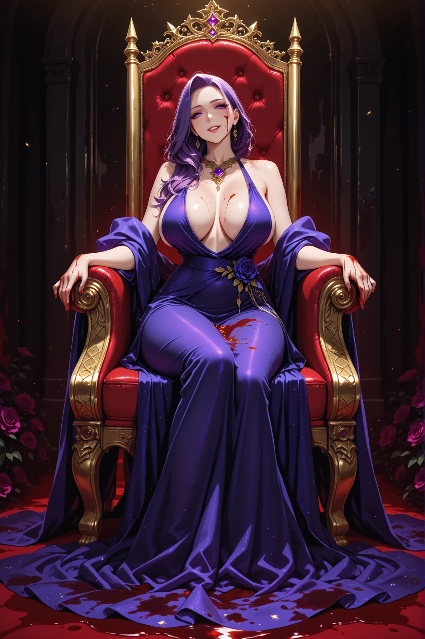 1girl, Solo, extremely beautiful woman, cruel smile, violet hair, long hair, pure violet eyes, tall, hot, noble, Mature MILF, big breasts and ass, eyelashes, confident, elegant, full body violet gown, gown covering full body from nect to legs, sitting on throne, hands on arm rest, ((blood stains on hands)), ((blood stains on cheek)), blackish-golden Royal throne, throne of power, Masterpiece, best quality, amazing quality, very aesthetic, highly detailed, high resolution, absurdres, newest