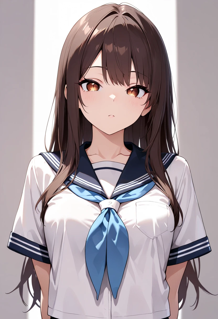 black bra,black bra,white background,masterpiece, highest quality,shape,sailor suit,slanted eyes,straight hair,brown hair,side parted,super dense skin,beautiful and detailed eyes,short sleeve shirt,red eyes,(big breasts:1.1), (A raised and well-defined bust:1.1), (lifted chest:1.2), (perky chest :1.1),high school girl,Please sit down,high socks,loafers