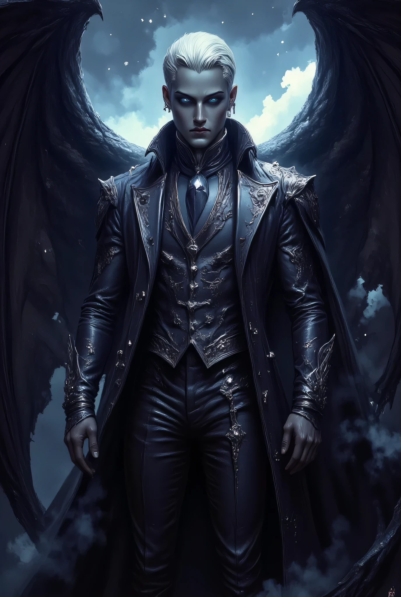  Hyperreal Cinematic Full body shot of a confident man with short, white hair and bright blue eyes behind sharp aquiline facial features. He is impeccably dressed in a sleek, black, high-collared coat and tailored ves twith intricate angelic script in silver, giving him an elegant yet mysterious appearance. Slim but tall proud with majesty, large wings spread outward glowing with blue fire, illuminating the dark, cosmic background with shades of indigo and purple. The lower part of his coat appears to be smoking, adding to the dramatic, supernatural atmosphere. The overall scene is intense and otherworldly, blending elements of dark fantasy and celestial power, nobility mixed with something one shouldn't see. The whole thing is incredibly detailed., both the handsome being of radiance and the