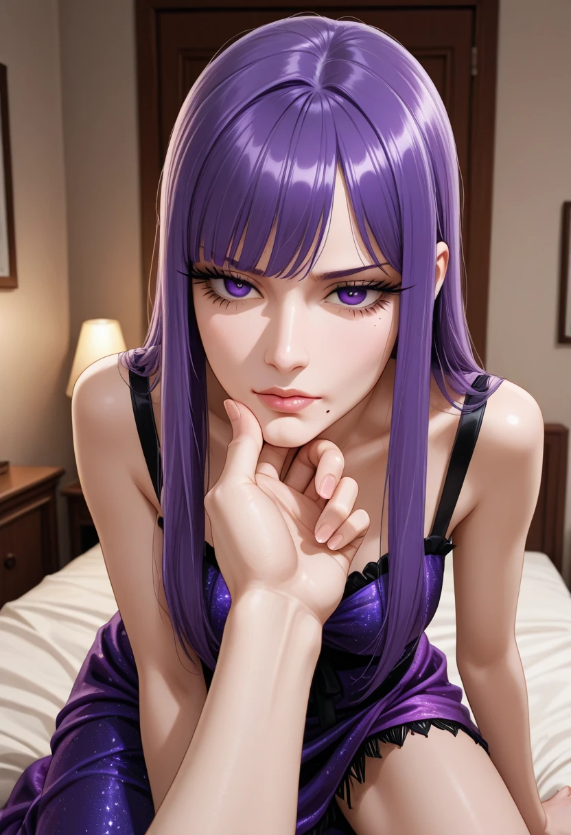 An adult woma laying on her back , doing a selfie, Sleepy, white nightie, oreilles de chat, Cat tail,; Dark and Purple hair, curved long hair, poitrine normale, Cute, Avatar de seconde vie, Nice screenshot, Femme seduisante vue complète du corps, High quality, very detailed skin