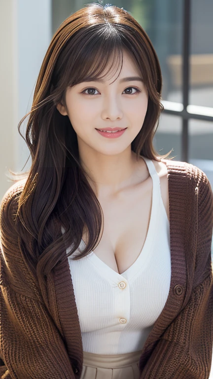 (masterpiece:1.3), (8k, Photorealistic, Raw photo, Best image quality: 1.4), Korean Idols、(Long Hairstyles:1.2)、girlfriend on date、Sitting facing forward、Cleavage:1.2、Super detailed face、Attention to detail、double eyelid、Put your chest together、Sharp focus:1.5、Beautiful woman:1.4、Light brown hair、highest quality、masterpiece、超A high resolution、(Photorealistic:1.4)、Highly detailed and professionally lit smile、thin、loose knitwear、Serious expression、Deadly position、Winter cityscape、No logo