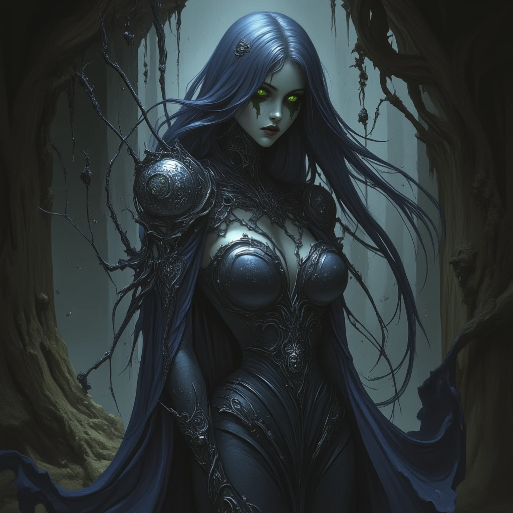 a succubus with straight black hair, cold look, white skin, (goddess-like), detailed face, piercing eyes, full lips, beautiful intricate dress, dramatic pose, fantasy, dark moody atmosphere, dramatic lighting, cinematic, digital painting, highly detailed, 8k, photorealistic