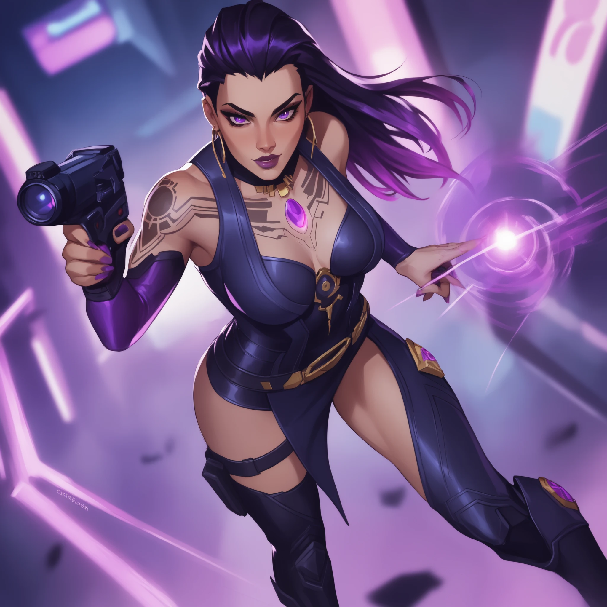 1 girl, Sombra from overwatch, (dark skin female:1.3), naked, medium breasts, sweating a lot, black eyes, upper body, confident, looking at viewer, tongue out, pistol in hand, pointing at viewer