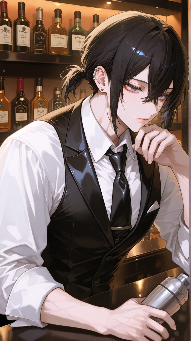 High end jazz bar, high resolution, extra sharp, 8ก, Masterpiece, orange light,man,short hair,black hair,handsome,Face details,whiskey glass in hand,left hand,Wear a ring on the left ring finger.,wedding ring, drink, Black suit,handsome,manอายุ 30 ปี