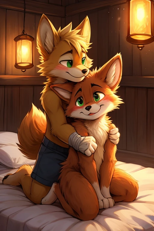 anthro, (husky) , male, ((red fur)), on bed, on knees, facing another, duo, blue eyes, with male golden fox, canine penis, knot, kissing, frottage, penis focus, erection, black pupils, photorealism ,by zaush, by ruan jia, by jay naylor, by nuzzo, by disney, by pino daeni. (4k), HD, quality, looking horny, black pupils, photorealism , bedroom setting, night time, (4k), HD, quality