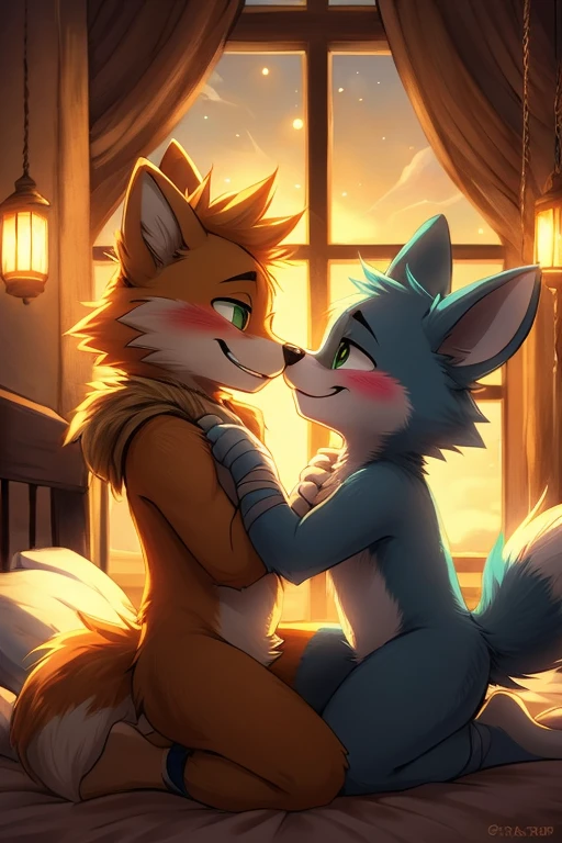 (vertical view:1.5), assisted exposure, explict content, uploaded on e621, (extremely detailed:1.3), 2boys, 2species duo, (duo focus:1.2), (kissing:1.3), (furry body), (male:1.5), (a lot of fur), (emotional:1.4), (leaning against object:1.4) furry, fox with yellow fur, furred dragon with blue cyan fur, hand holding couple, furred dragon kissing fox, femboy, (causal exposure:1.6), (fur:1.7), 2boys, furred dragon, furred dragon with yellow eyes, furred dragon with white neck, wingless dragon, inside a room, sparkles, teeth, open mouth, hug tightly, Masterpiece, best quality, passionate kiss, fox kissing with a furred dragon, detailed lighting, detailed body, detailed fur, detailed, high stockings, fox with green sweatshirt, dragon with purple sweatshirt,