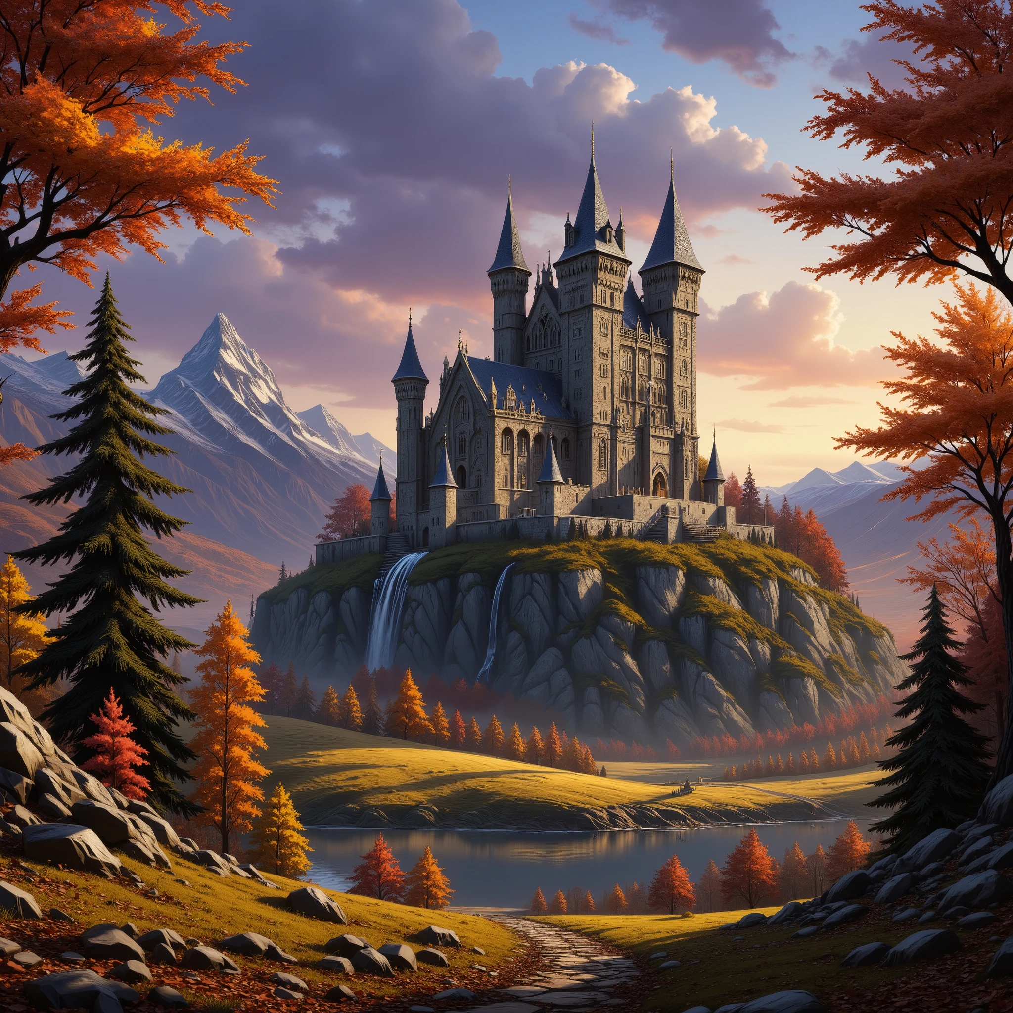 Close view of a massive castle, (closed-up of castle), high resolution, fantasy, digital painting style, realistic shadows, iray, autumn landscape, pines, trees, mountains, (cold autumn evening:1.2), twilight, 8k, 16k, highly Detailed, clear sky, fogless, cloudless, mistless, hazeless, blurless, masterpiece, outdoor, highres, absurdres, png, lossless, details, refined, complex, clear, clarity, day, bright, peaceful, lively, empty sky, perfect, perfection, realistic,
