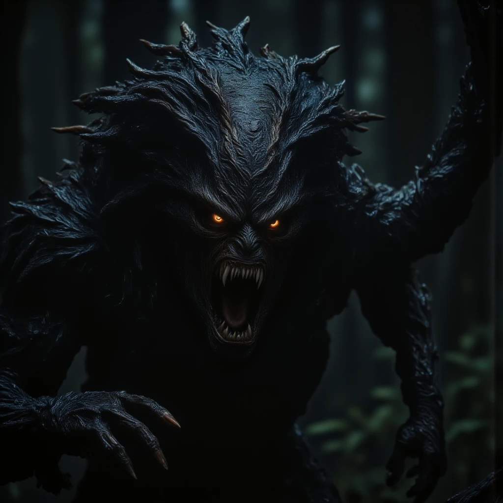 Fictional Unidentified Creatures in the Deep Forest。Mouth open and menacing。That's horrible。feel ill。high resolution。delicately。