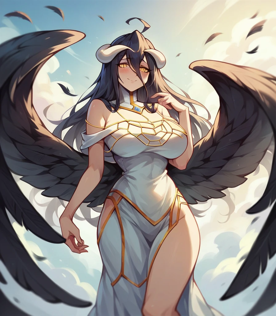 masterpiece, best quality,(colorful), (cat eyes, delicate face), gray skin, volumetric light, ray tracing, extremely detailed CG unit 8k screen background, albedo, yellow eyes, white horns (decorated with roses and chains), drool, low wings, white dress (leg openings), looking at the viewer, cowgirl shot, captivating pose, simple background