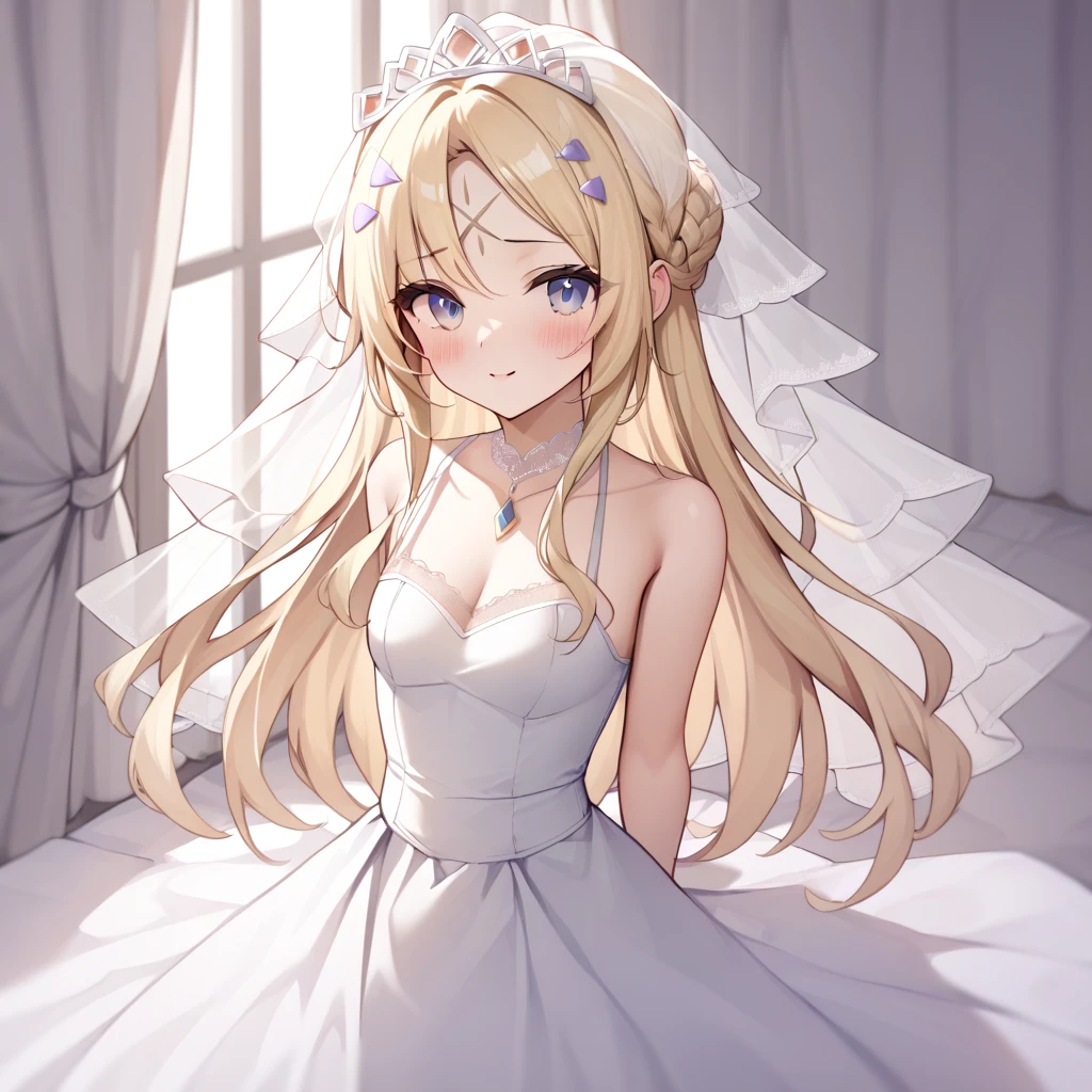 blonde, detailed lace wedding dress, blushed, Hands behind your back, pure and virgin 
