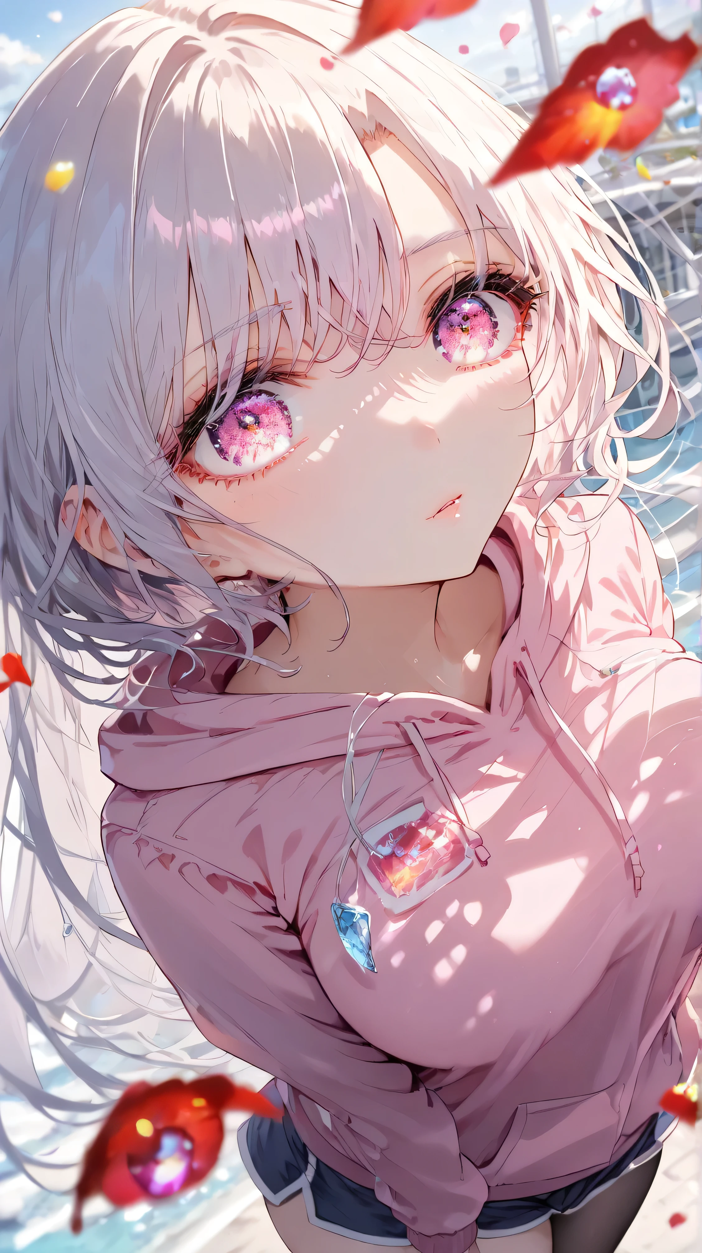 score_9, score_8_acima, score_7_acima, origem_anime, (obra-prima), Best Quality, expressive eyes, perfect eyes, perfect face, Oni girl, chifres oni,  red eyes, soft lips,  long hair, very long hair, wide hips, (white hair:1.2), (white eyebrows:1), ( White Eyelashes :1), medium breasts:0.5, higuchi madoka, big breasts:0.3,  standing, background: cidade, hair ornament, bicolor hoodie, copos, shorts, black tights skirt,