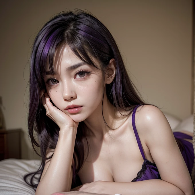 A woman, dressed in a red bra, sheer bra, wearing a nothing, flirtatious expression, purple hair, short pants, inviting the viewer for a captivating photography session, highly detailed face, photorealistic quality, achieving an 8k resolution that showcases every pore and texture. The soft, diffused lighting adds to the realistic depth and conveys a tantalizing aura.