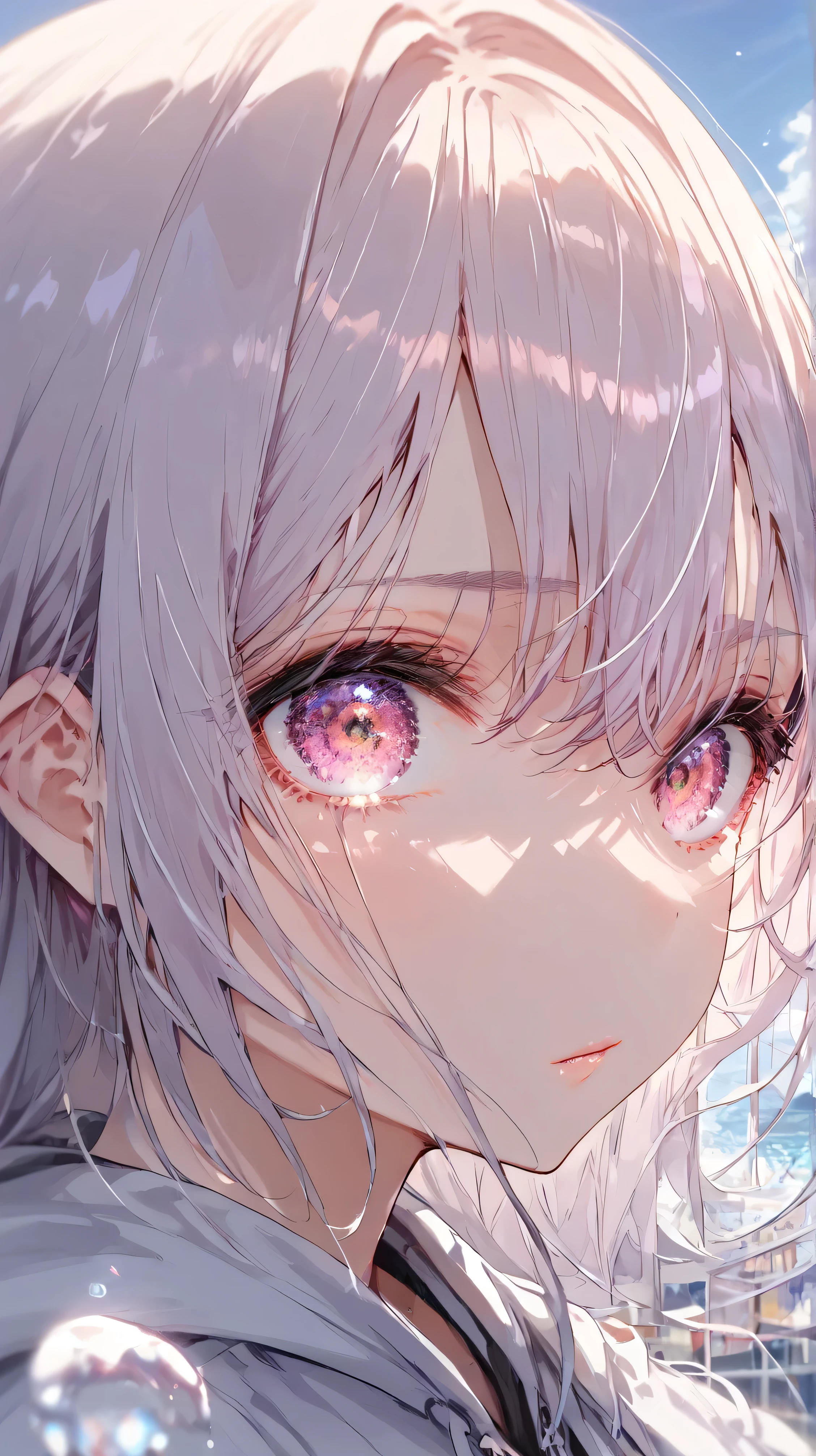 score_9, score_8_acima, score_7_acima, origem_anime, (obra-prima), Best Quality, expressive eyes, perfect eyes, perfect face, Oni girl, chifres oni,  red eyes, soft lips,  long hair, very long hair, wide hips, (white hair:1.2), (white eyebrows:1), ( White Eyelashes :1), medium breasts:0.5, higuchi madoka, big breasts:0.3,  standing, background: cidade, hair ornament, bicolor hoodie, copos, shorts, black tights skirt,