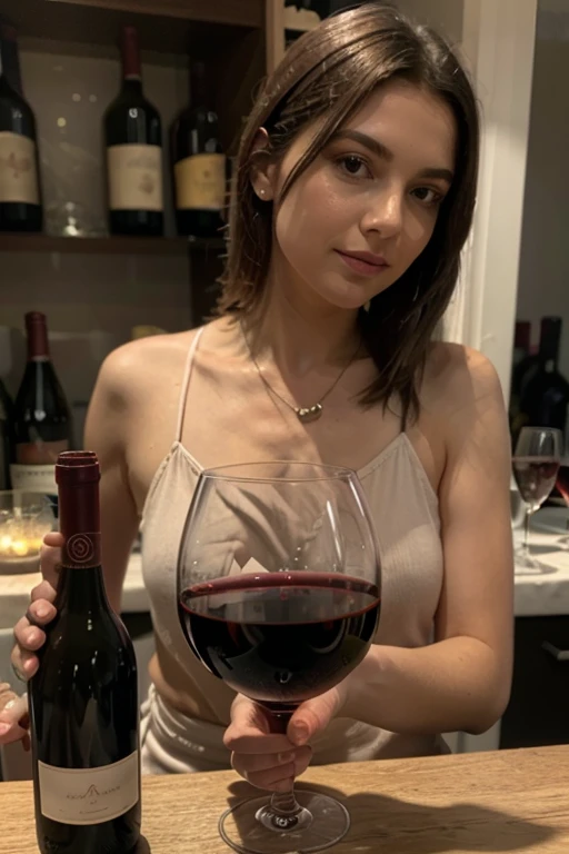 Modelo de glamour escandinavo de 30 anos, com olhos detalhados, long eyelashes, testa suave, seios grandes, cintura fina, cabelo longo, brown hair enjoying an evening of wine on a terrace with soft blue lights. Ela veste um vestido longo com um decote ousado, degustando um vinho fino, com a cidade iluminada ao fundo, 5 fingers on each hand.
