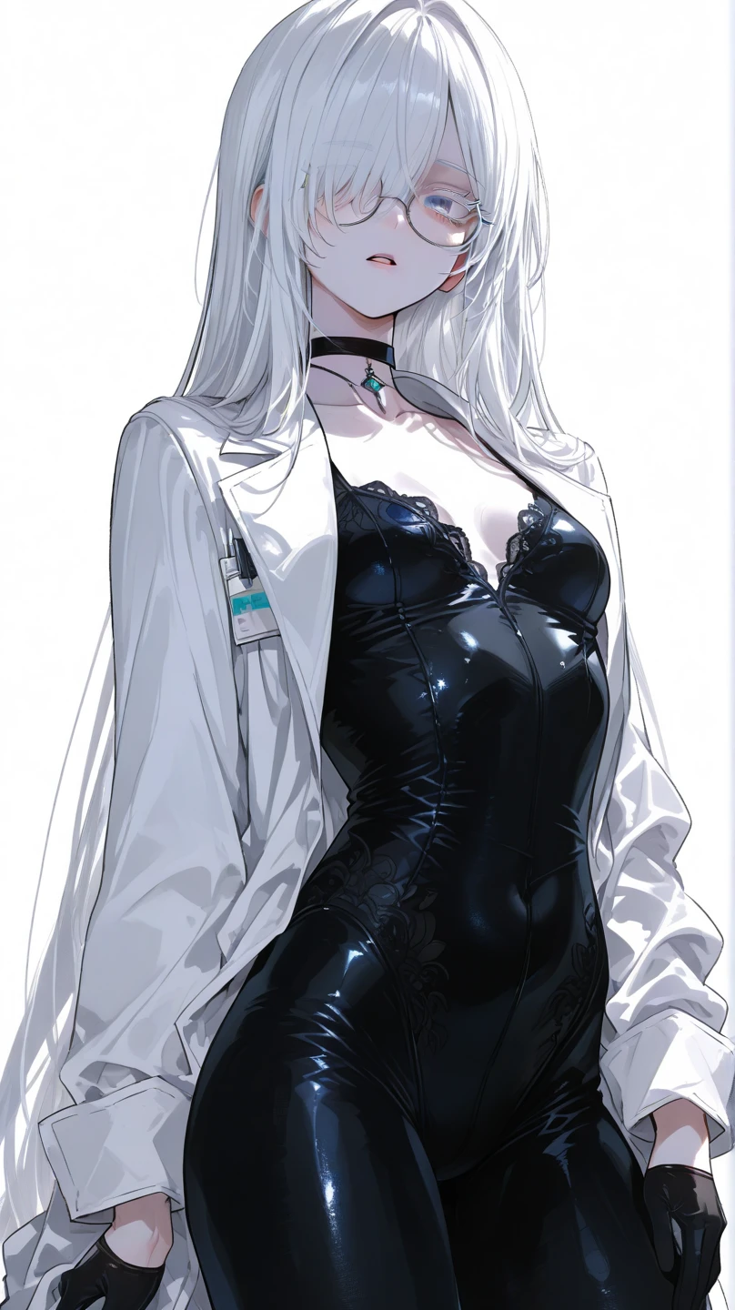 Photograph of the upper body of a beautiful woman, , [see through] ,(black pants:1.47),(Wear a white coat:1.47) (big breasts), (small waist, perfect body), Sharp focus, (tall body, mature woman), ((Looking ahead)), (Highly detailed skin, hair follicles:1.4,white skin) (Long white hair tied half-way down.,purple eyes) wear glasses, (Looks embarrassed.) ,doctor