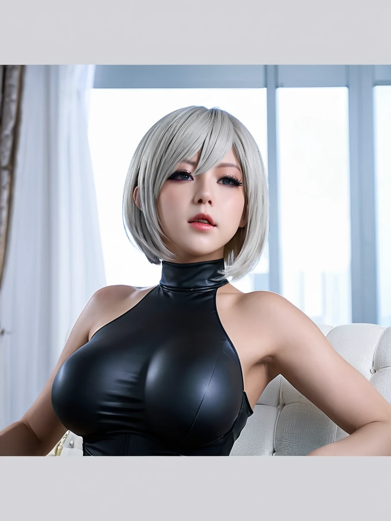 ((japanese idol))　40 years old　Blonde short hair with bangs　((smoky makeup black eyeshadow))　plump cheeks　((Bright red rouge plump lips))　big breasts　Big eyes　Cyberpunk Bar　((Super shiny metallic red long cheongsam dress))　fat body　 masterpiece　8K　Drawn from below　((A mature woman with a lustrous and vulgar body))　((shining, Glowing, radiant face and skin))　((armpit))　ecstasy　orgasm　Shiny face