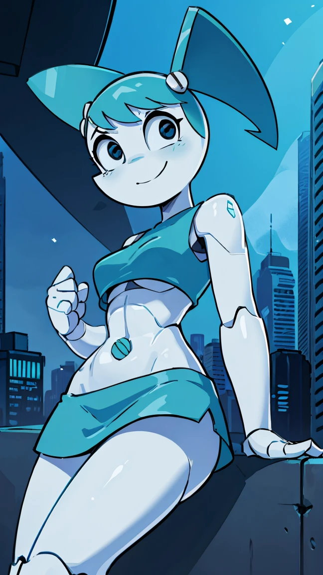 High quality portrait of Jenny Wakeman walking down a futuristic city. Day time. Looking at viewer. Smiling. Robot body, robot joints. Blue bolt on belly button, blue mini skirt