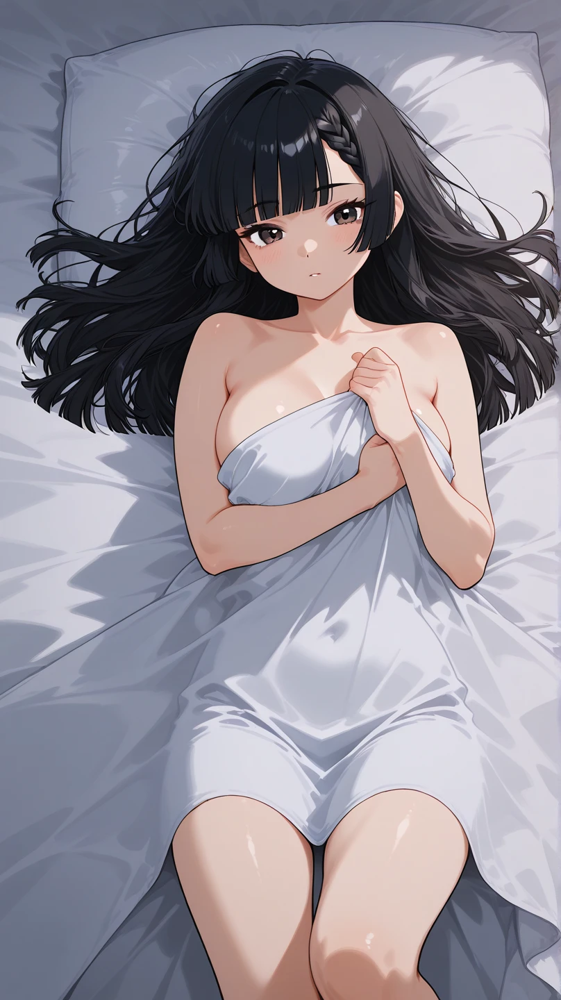 One 15-year-old girl, ((Figure of a person lying on a bed inside the sheets。The person is completely covered in a sheet.、Relaxed。The sheets are softly draped over my body.、Only the face is slightly visible。Simple bedroom background))、((Sexy Underwear)),(Black Hair,Inner color hairstyle), Beautiful Hair, Facial Contour, Remember, ,Hotel, splash, Lens flare, noon, bright, Natural Color, High resolution, Very delicate, Very detailed, 8k,Lying in bed、（There is only a slight swelling of the chest,About B cup）、Shyness、,((Sexual))