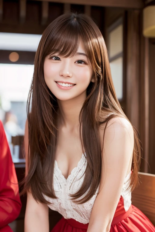 8K、RAW photo、best quality、master piece：1.2、Realistic、((white lolita costume))、 japanese woman、20 year old female、Realisticな目、beautiful detailed eyes、(real skin: 1.3)、cute smile、medium long hair、beautiful skin、超High resolution、High resolution、Upper body、 exposed bare shoulders、ancient city、(((Inside the city)))、brown hair、high quality、looking at the viewer、