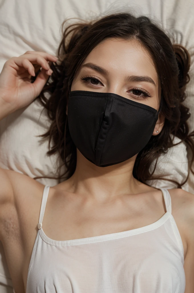 A 27-year-old man with his 25-year-old girlfriend, both in swimsuits and their faces hidden by a mask in an apartment