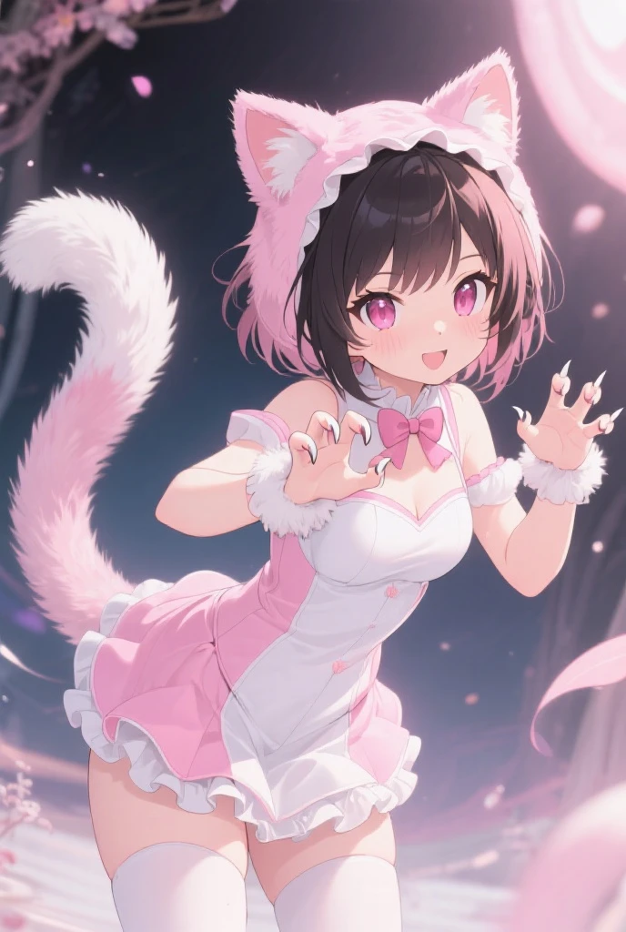 ((top quality, 8k wallpaper)),(masterpiece, best quality),extremely detailed,high definition,(official art:1.3),(((anime screencap,black outline))),<lora:more_details:0.3>,<lora:LCM_LoRA_Weights_SD15:1>,1girl,solo,blush,half-closed eyes,steaming body,heavy breathing,sick,
<lora:momomiya_ichigo_v2:0.75>, blush,bow,cat girl,cat tail,choker,cleavage,detached sleeves,dress,gloves,large breasts,magical girl,mi1,pink choker,pink dress,puffy detached sleeves,puffy sleeves,red gloves,ribbon,tail,tail bell,tail bow,tail ornament,short hair,pink hair,
BREAK
<lora:sweatAthlete:0.4>,(((sweat,sweatdrop,flying sweatdrops, sweating profusely,wet,wet clothes,wet hair,messy hair))),exhausted,exercise,stadium,outdoors,running track,running,