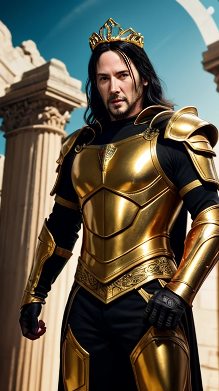 Warrior in medieval golden armor with defined muscles in a war setting