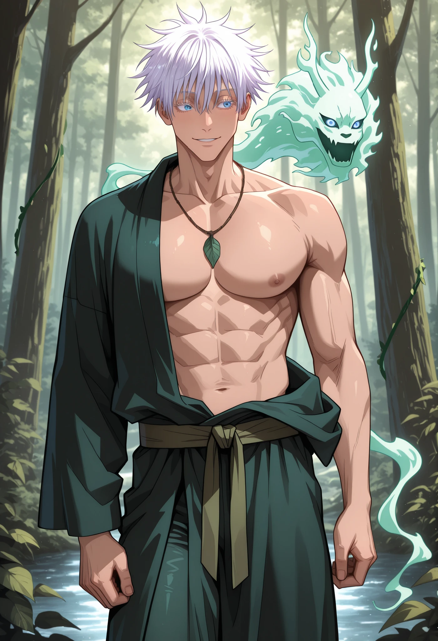 1man, gojou satoru /(jujustu kaisen/), detailed eyes, blue eyes, white hair, short hair, detailed eyelashes, colored eyelashes, sexy man, trained body, muscular, handsome, cool, mature man
, nature, forest spirit, Naturepunk, druid robe, wide dark green pants, natural belt, natural necklace, background a magical forest, trees, plants, vines, pants made from natural materials and animal fur