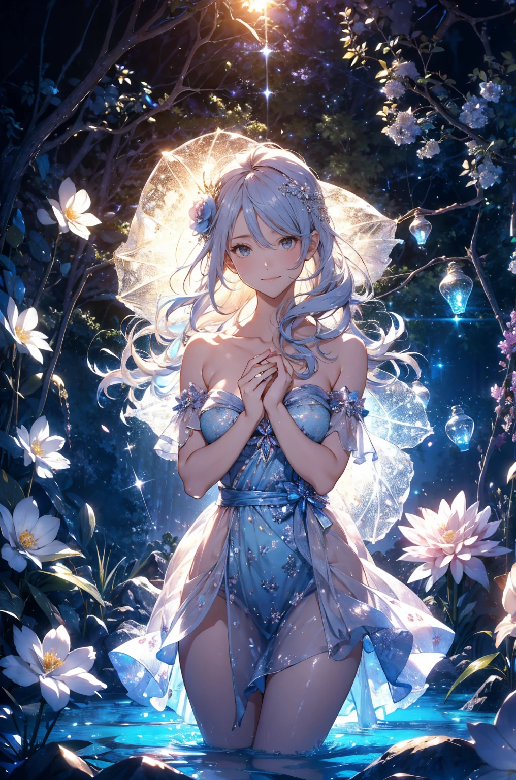 Anime girl with blue hair and flowers in her hair, Detailed digital anime art, Alphonse Mucha and Rosdrose, Exquisite digital illustrations, Beautiful artwork illustration, Digital art on pixiv, Inspired by Ross Tran, Very detailed fan art, Lostland Style, Beautiful digital illustrations, Moebius + Barbaric + Wow, Ross Tran style, Anime fantasy illustration