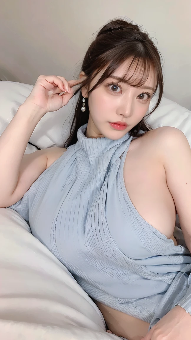 ultradetail、particles of light:0.5、off shoulder loungewear、beautiful cleavage、sleeping face up in bed、beautiful blue eye、half open