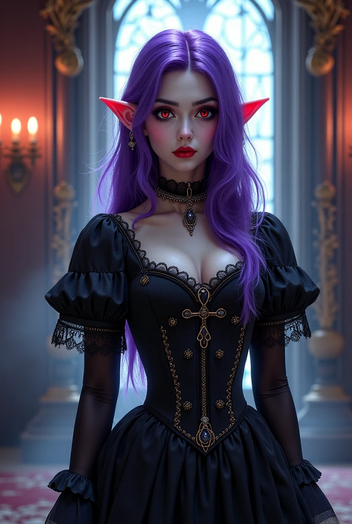 Tiefling, pele rosa, mulher, joias, piercing, pele colorida, brincos, cabelos pretos, luzes vermelhas, orelhas pontudas, olhos roxos, labios vermelhos, choker, goth, ornamento no chifre, armadura,  ((master part, melhor qualidade))