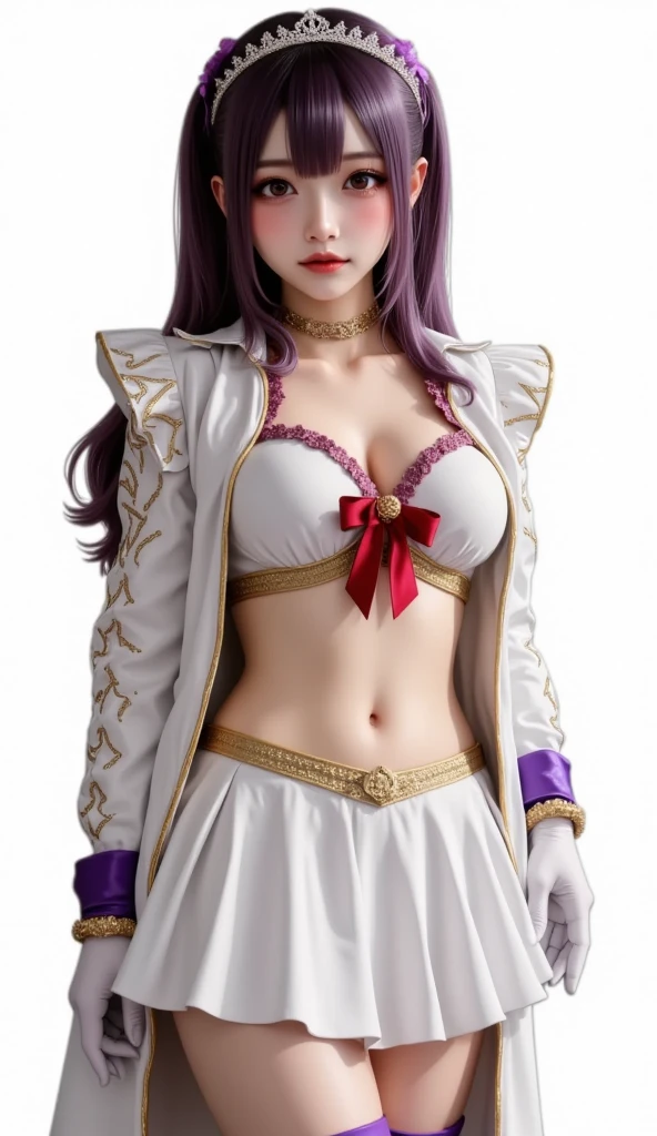 (photorealistic:1.4), best quality, masterpiece, ultra high res, 1girl, (detailed face:1.2), (detailed hair:1.2), (detailed clothes:1.2), 4k, (detailed color:1.2), (purple hair), white shirt with red blazer, cleavage, bare shoulder,