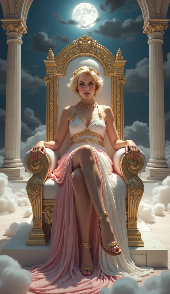 god is a blonde woman above the clouds, sitting on a golden throne, on a cloud detailed face, grey sport croptop, grey sweatpants