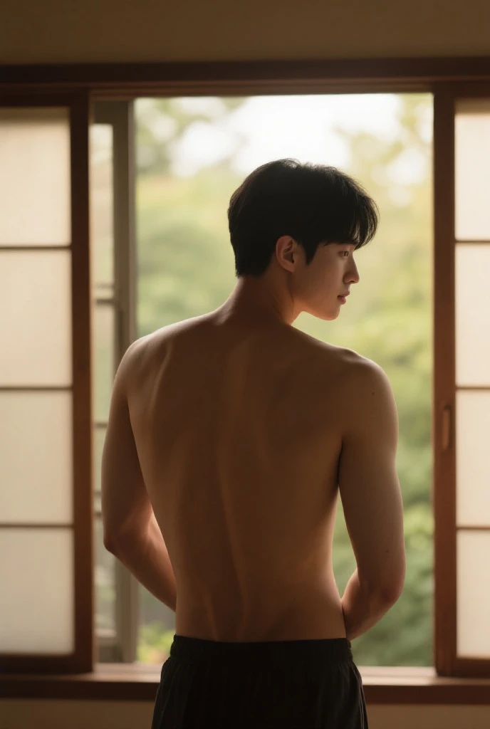 Cinematic light , samurai movie poster,a full body of nude ass Korean age boy,"samurai ",18 year old, standing turn back sideways high definition handsome face boy comma hair sharp eyes ,naked, sideways turn back walking on abandoned farm castle street, naked ass, skinny thin slim body.
