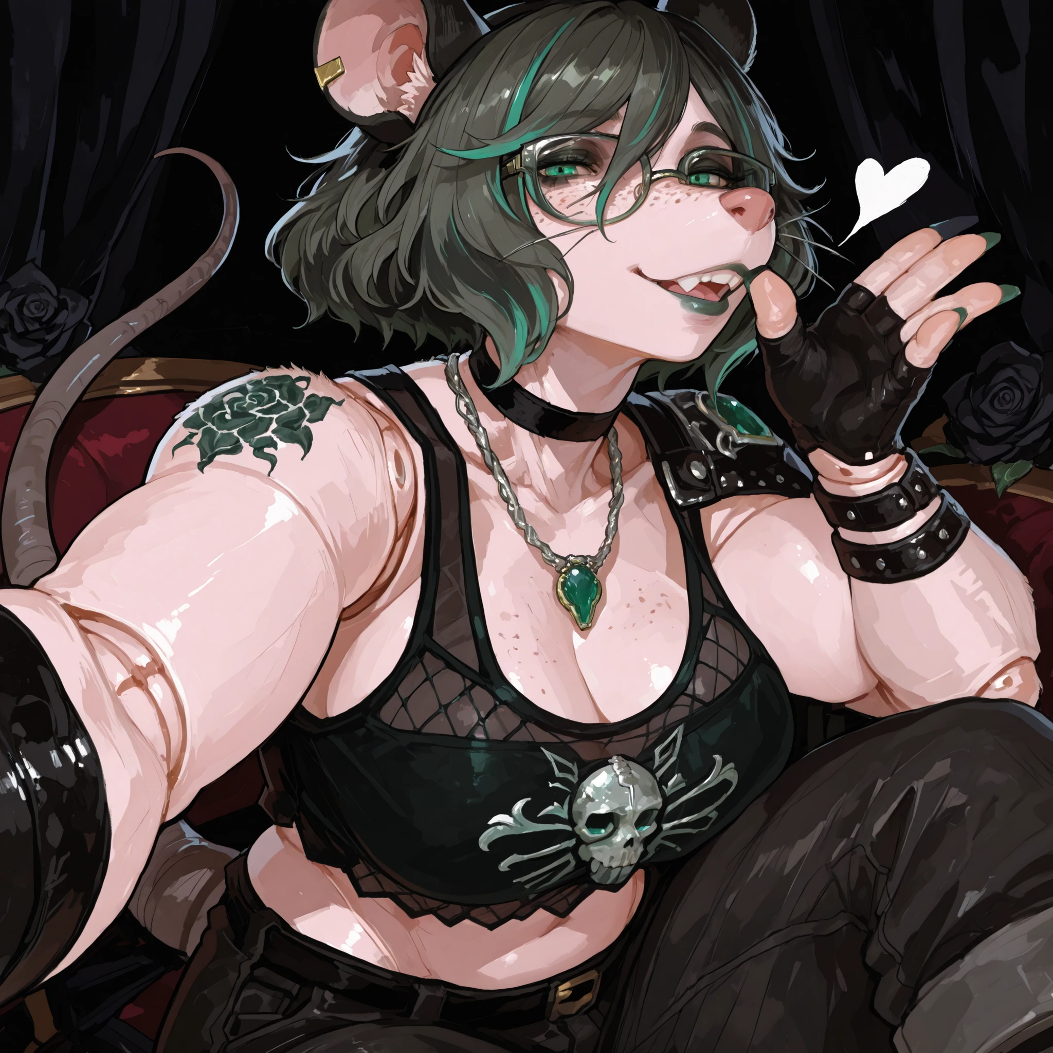(Tall Mature Voluptuous Female furry rat), (black big curly afro with green highlights), (Green streaks in hair), (green eyes), (glowing iris), (black choker), (black leather bracelets), (Black Rose Tattoo on right shoulder), (Silver necklace with a green jade skull trinket), (fingernails), (green nail polish), (Long curvy fit legs), (freckles on face), (freckles on shoulder), (Dark Grey lipstick), (rat ears), (black ears, pink inside), (chipped right ear), (rat buck teeth), (white sclera), (rat nose), (rat tail), (anatomically correct rat whiskers), (goth makeup), (plump kissable cupid lips), (half open tired eyes), (glasses),(Flat chested), 8k quality, highly detailed, Persona Art Style, perfect detailed face, Fit upper body, Fit muscular arms, detailed muscles, Tomboy muscle build, detailed eyes, perfect detailed hands, accurate detailed doll joints, detailed thigh doll joints, detailed doll joints, detailed doll neck joint, detailed lips, 80&#39;s comics, femboy, cute, 80&#39;sアニメーション、score_9, score_8_up, score_7_up, (One)  elegant, Cheeky pose, Focus on face, Top half photo, goth Fishnet almost see through Sheer Crop top with cleavage window, Goth cargo pants, fingerless gloves, Close up view, Close up view on face, Portrait oil Painting style, realistic painting style, cute rat-like facial features, anthropomorphic, anthropomorphic face, sultry Expression, sharp rat claws, fierce eyes, sitting, legs crossed, full furry anthro, mature feminine body type, cream colored fur on body, Rat buck teeth, black smoky background, fur covered skin, black rat ears pink inside, Plush thick thighs, Extremely Enormous Large Breasts, Perfect cleavage, (accurately 36QQ Breasts Size), (36QQ cup size shaped like anime character Meiko Shiraki's), (Mieko Shiraki's Breasts), (Watermelon sized breasts), (rat buck teeth), (rat teeth), showing off breasts, puffing chest out, Taking selfie, blowing kiss at viewer, winking at viewer, realistically detailed