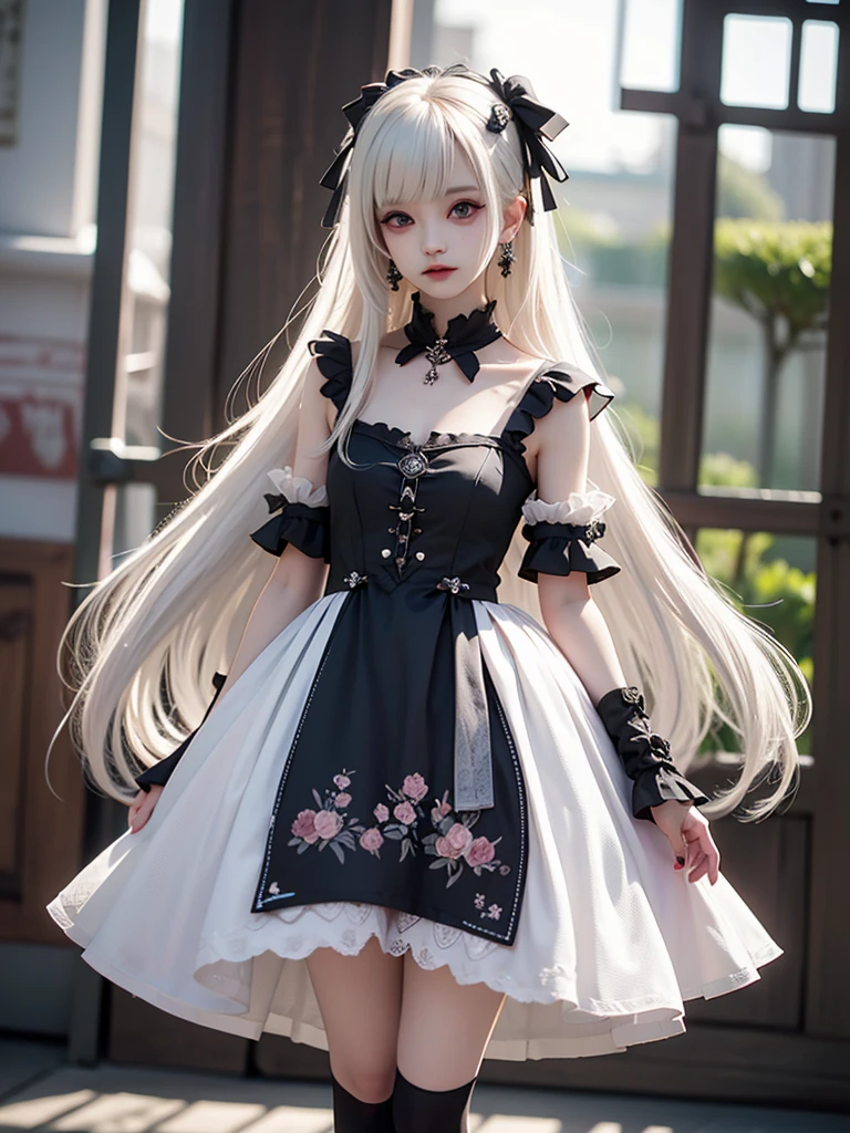 (((Masterpiece, top quality, super detailed))), One doll-like female in gothic lolita fashion, , accurate anatomy (beautiful gray eyes, very, very large slitted eyes, delicate, lonely, beautiful eyes, very, very long eyelashes, thin nose, small mouth, thin lips, thin body, slightly long neck, slightly thin shoulders, long thin arms, long thin legs), accurate pose (facing forward), exact make-up (unhealthy complexion, natural make-up, light brown eye shadow, very light pink blush, natural and natural very light pink lipstick), exact skin (clear white, perfectly smooth), exact hair (bright clean silver hair, curled lengthwise silver, long, windswept hair), accurate costume (black dress with ruffles, lace and black roses, black dress with visible shoulders and bust), accurate lighting (dim low light, oblique light) photographic equipment (SLR, single focus lens), settings (f/1.8, S400, ISO 100), accurate background (plain black), A highly realistic photograph that accurately captures the entire body, (((a dramatic leap in overall precision, creating a super detailed and realistic image))).